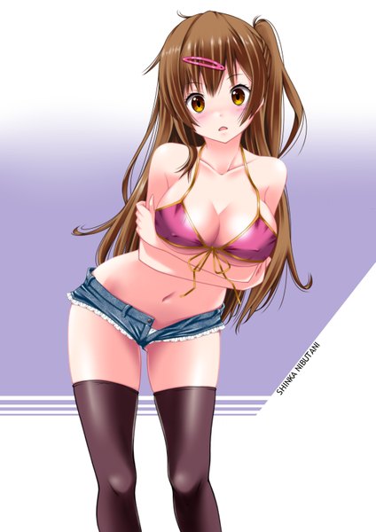 Anime picture 1157x1637 with chuunibyou demo koi ga shitai! kyoto animation nibutani shinka kaze makase single long hair tall image looking at viewer blush breasts light erotic brown hair large breasts brown eyes cleavage one side up girl thighhighs hair ornament black thighhighs