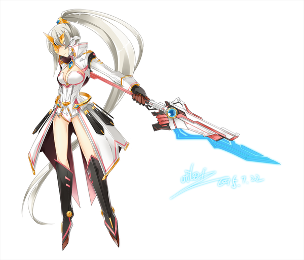 Anime picture 1200x1028 with elsword eve (elsword) vilor single fringe breasts simple background white background holding signed cleavage silver hair ponytail very long hair profile weightlessness science fiction girl gloves hair ornament