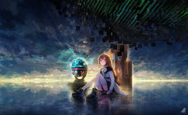 Anime picture 1200x733 with original you shimizu single long hair looking at viewer fringe hair between eyes brown hair wide image sitting purple eyes cloud (clouds) full body ahoge bent knee (knees) outdoors sunlight night arm support zettai ryouiki