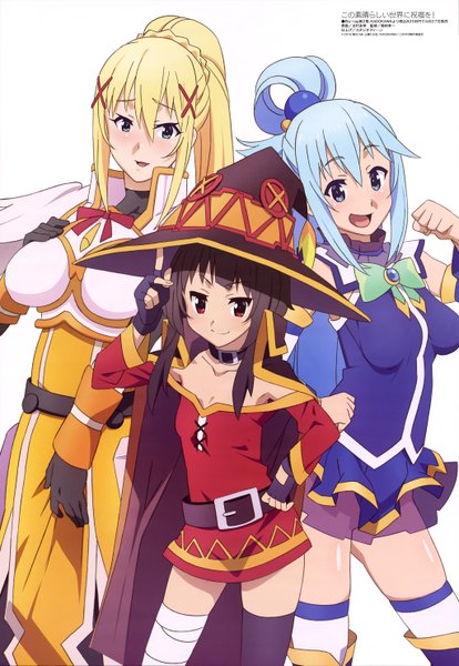 Anime picture 4093x5923 with kono subarashii sekai ni shukufuku wo! studio deen megami magazine megumin aqua (konosuba) darkness (konosuba) long hair tall image blush highres open mouth blue eyes black hair blonde hair smile red eyes white background multiple girls blue hair absurdres