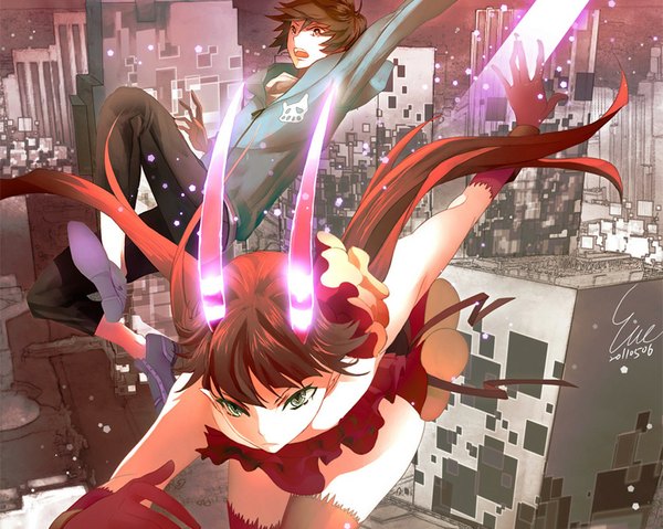 Anime picture 1024x819 with c: the money of soul and possibility control mashu (c) yoga kimimaro long hair short hair open mouth brown hair bare shoulders green eyes hair flower horn (horns) pointy ears city girl boy hair ornament