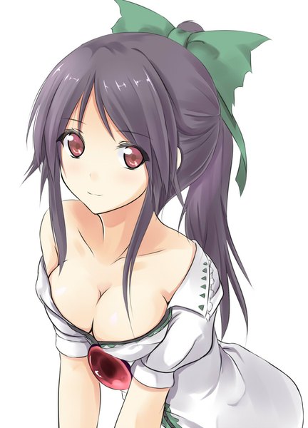 Anime picture 800x1111 with touhou reiuji utsuho konimaru single long hair tall image looking at viewer fringe breasts light erotic simple background red eyes white background bare shoulders cleavage purple hair ponytail from above girl bow