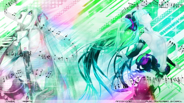 Anime picture 1920x1080 with vocaloid vocaloid append hatsune miku hatsune miku (append) osamu (jagabata) long hair fringe highres open mouth wide image twintails eyes closed aqua eyes aqua hair girl thighhighs skirt navel bow hair bow
