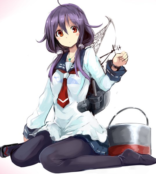 Anime picture 3238x3613 with kantai collection taigei light aircraft carrier haik single long hair tall image looking at viewer blush highres simple background red eyes white background sitting twintails absurdres purple hair ahoge low twintails wariza girl