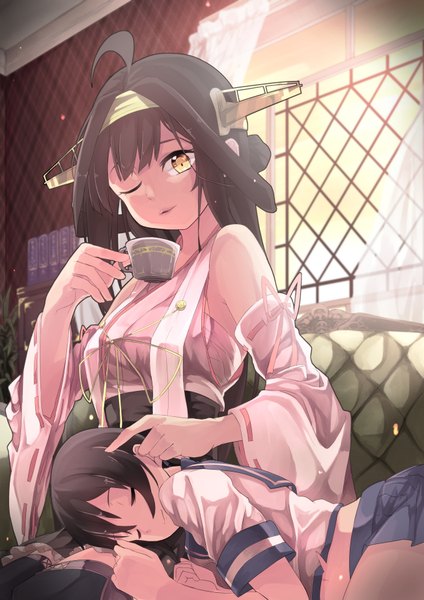 Anime picture 1302x1842 with kantai collection kongou battleship fubuki destroyer saraki long hair tall image fringe short hair breasts light erotic brown hair sitting bare shoulders multiple girls yellow eyes looking away ahoge indoors lying traditional clothes