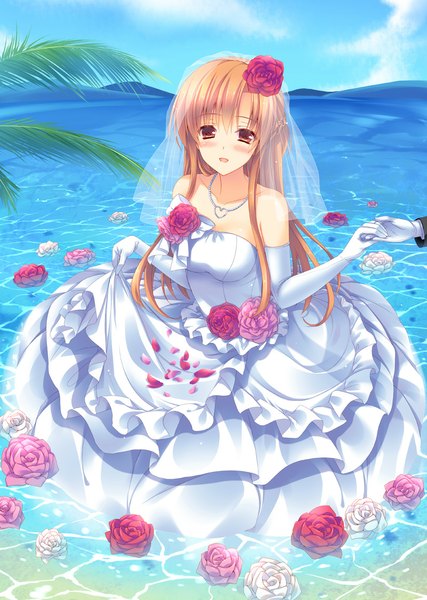 Anime picture 800x1125 with sword art online a-1 pictures yuuki asuna mitsu king single long hair tall image looking at viewer blush open mouth brown hair bare shoulders brown eyes wedding girl dress gloves flower (flowers) petals water