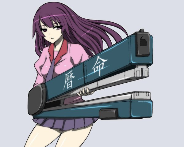 Anime picture 1280x1024 with bakemonogatari shaft (studio) monogatari (series) senjougahara hitagi purple eyes purple hair grey background girl uniform school uniform stapler