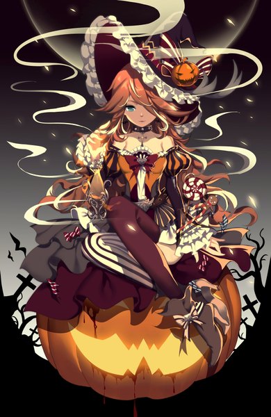 Anime picture 1299x2000 with original rhea single long hair tall image looking at viewer fringe blue eyes brown hair hair over one eye halloween witch girl thighhighs dress hat detached sleeves food sweets witch hat