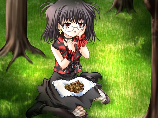 Anime picture 1024x768 with triptych (game) black hair red eyes game cg loli girl plant (plants) earrings tree (trees) glasses cross