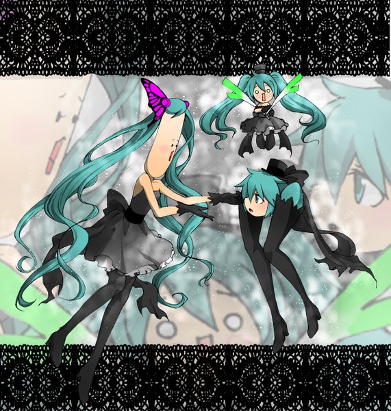 Anime picture 1300x1366 with vocaloid magnet (vocaloid) hatsune miku shiteyanyo kanna (chaos966) tall image blush open mouth twintails bare shoulders very long hair aqua eyes aqua hair chibi zoom layer multiple persona o o girl dress gloves