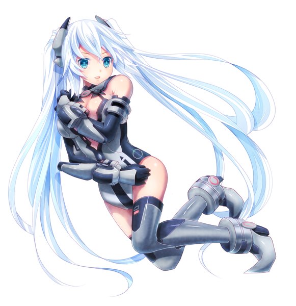 Anime picture 1240x1280 with choujigen game neptune noire black heart monchi (kashiwa2519) single tall image blue eyes simple background white background twintails bare shoulders white hair very long hair girl thighhighs gloves elbow gloves