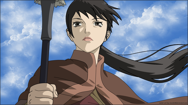 Anime picture 1920x1080 with seirei no moribito production i.g balsa yonsa cmark0 (artist) single long hair highres black hair wide image cloud (clouds) tail wind black eyes girl weapon cloak spear