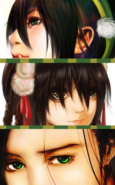 Anime picture 953x1531 with avatar: the last airbender nickelodeon toph beifong yamete25 tall image short hair black hair white background multiple girls green eyes looking away braid (braids) looking up close-up face multiview girl hair ornament earrings hairclip