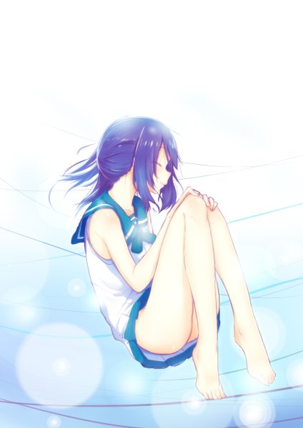 Anime picture 849x1200 with nagi no asukara p.a. works hiradaira chisaki rokuroku single long hair tall image light erotic purple hair bent knee (knees) eyes closed profile pleated skirt barefoot legs girl skirt uniform school uniform