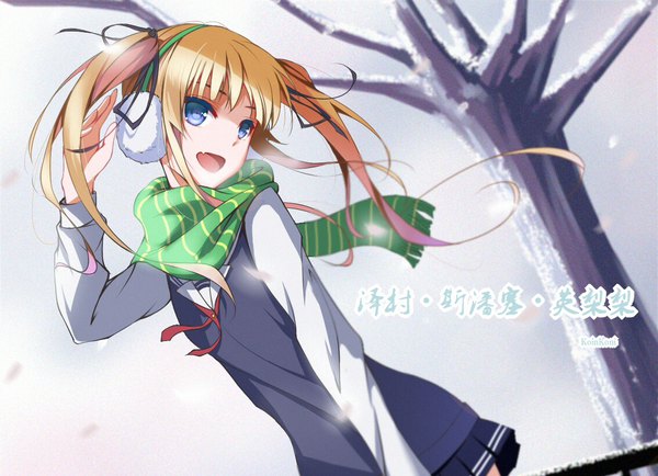 Anime picture 1130x819 with saenai heroine no sodatekata a-1 pictures sawamura spencer eriri qingchen single long hair open mouth blue eyes blonde hair twintails looking away girl ribbon (ribbons) plant (plants) hair ribbon tree (trees) scarf earmuffs