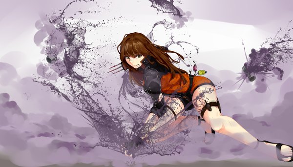 Anime picture 3500x2000 with dungeon and fighter female brawler (dungeon and fighter) bbayu single long hair looking at viewer highres brown hair wide image yellow eyes scar girl gloves weapon fingerless gloves bandaid