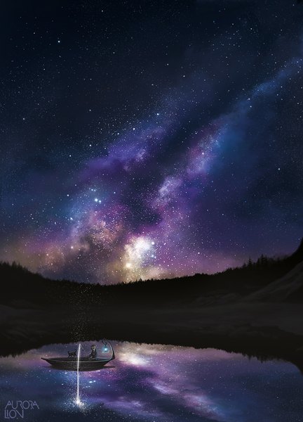 Anime picture 614x852 with original auroralion tall image sky cloud (clouds) outdoors night light reflection landscape scenic lake milky way boy plant (plants) animal tree (trees) star (stars) watercraft boat