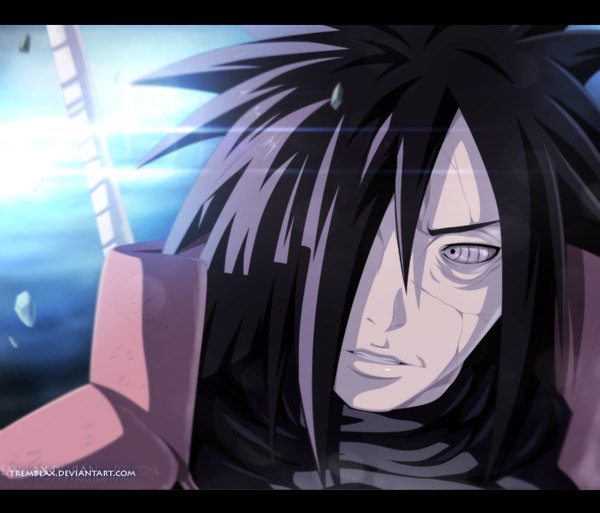 Anime picture 1202x1028 with naruto studio pierrot naruto (series) uchiha madara tremblax single long hair fringe black hair looking away hair over one eye coloring letterboxed rinnegan boy