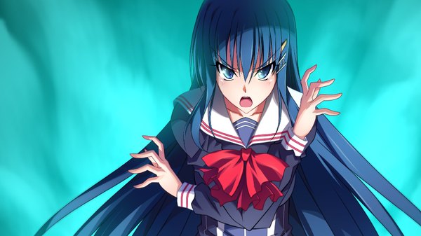 Anime picture 1024x576 with zero infinity long hair blush open mouth blue eyes wide image blue hair game cg girl uniform hair ornament school uniform hairclip