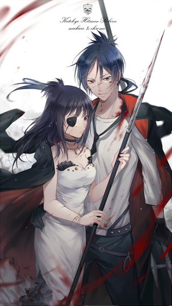 Anime picture 1051x1871 with katekyou hitman reborn rokudo mukuro chrome dokuro ekita xuan long hair tall image looking at viewer short hair breasts black hair smile standing white background purple eyes bare shoulders holding blue hair cleavage wind blurry