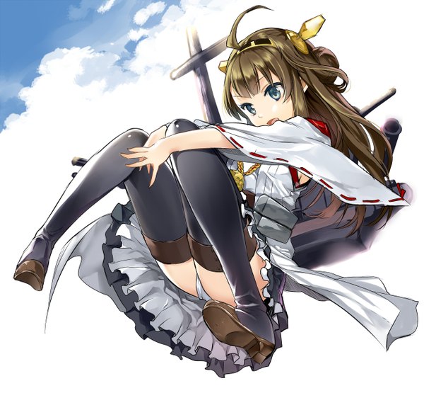 Anime picture 1300x1204 with kantai collection kongou battleship aki (mare desiderii) single long hair open mouth light erotic black hair ahoge bent knee (knees) traditional clothes japanese clothes aqua eyes wide sleeves pantyshot pantyshot sitting frilly skirt nontraditional miko girl thighhighs