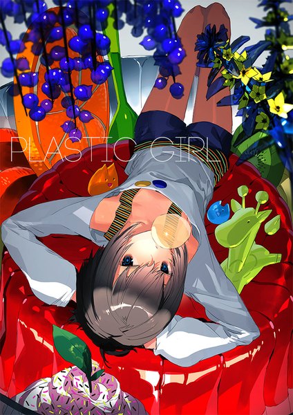 Anime picture 636x900 with original sumiobunnya single tall image looking at viewer short hair blue eyes black hair bare shoulders bent knee (knees) lying from above arms behind head girl flower (flowers) shorts short shorts fruit orange (fruit) bubblegum