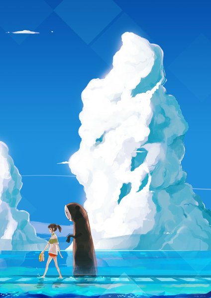 Anime picture 1060x1500 with spirited away studio ghibli ogino chihiro no face (spirited away) missifa tall image brown hair sky cloud (clouds) ponytail profile barefoot shadow girl water sea mask fish (fishes)