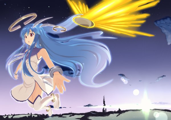 Anime picture 1300x915 with single long hair open mouth brown eyes blue hair weightlessness girl thighhighs bracelet halo