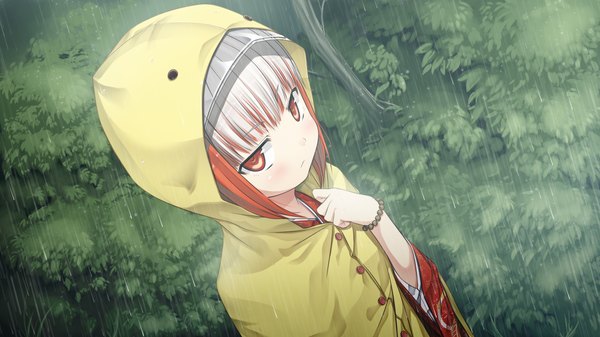 Anime picture 2560x1440 with monobeno sumi (monobeno) cura blush highres red eyes wide image game cg multicolored hair loli rain girl hood