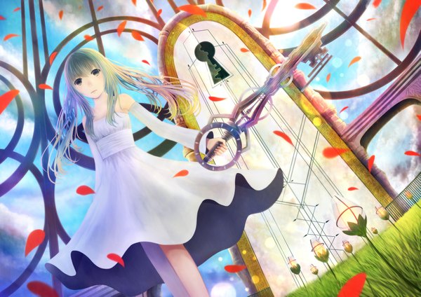 Anime picture 4093x2894 with original bounin single long hair highres absurdres sky cloud (clouds) green hair black eyes girl dress plant (plants) petals grass key lock