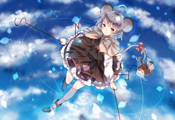 Anime picture 1200x825 with touhou nazrin domotolain single short hair smile red eyes animal ears full body ahoge tail grey hair mouse ears girl dress basket mouse