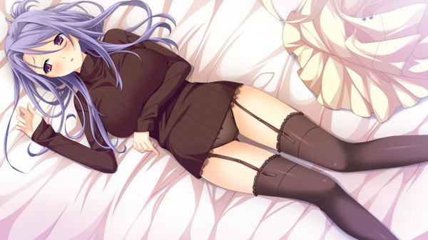 Anime picture 2560x1440 with kanojo to ore to koibito to marui (koedame) single long hair blush highres open mouth light erotic wide image purple eyes game cg purple hair lying from above girl thighhighs underwear panties