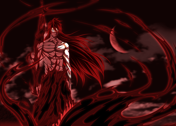Anime picture 1200x863 with bleach studio pierrot kurosaki ichigo ioshik single long hair red eyes cloud (clouds) red hair night sky coloring magic red background spoilers red moon boy moon bandage (bandages)