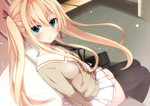 Anime picture 1636x1157 with original moe2013 bloodcatblack (tsukiko) long hair blush blonde hair twintails green eyes girl thighhighs skirt uniform black thighhighs school uniform miniskirt