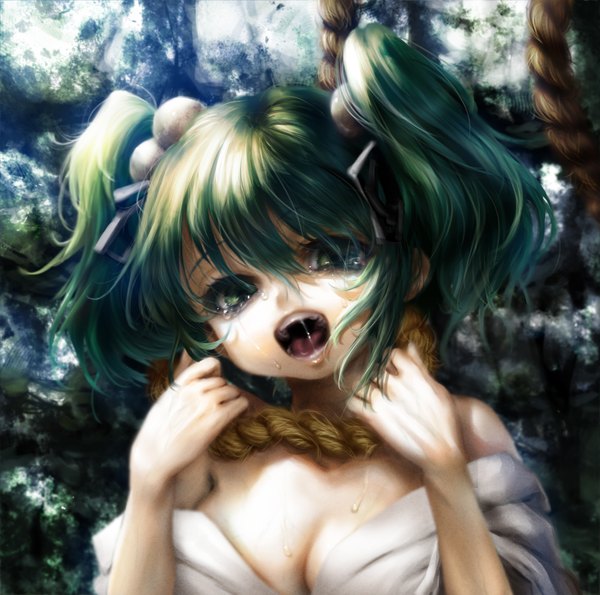 Anime picture 1800x1786 with touhou kisume inuboe single highres short hair open mouth twintails bare shoulders green eyes green hair off shoulder tears short twintails saliva girl hair ornament hair tie hair bobbles rope