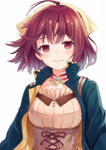 Anime picture 723x1024 with atelier (series) atelier sophie gust (company) sophie neuenmuller haru (hiyori-kohal) single tall image looking at viewer blush fringe short hair breasts simple background smile white background pink hair upper body ahoge pink eyes underbust