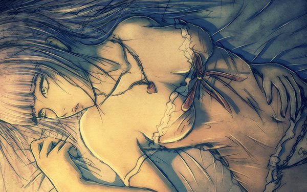 Anime picture 1440x900 with original soranamae single long hair breasts light erotic wide image cleavage lying grey hair grey eyes girl navel underwear panties pendant