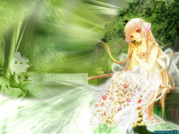 Anime picture 1024x768 with chobits clamp chii single long hair open mouth blonde hair red eyes wallpaper girl dress flower (flowers) plant (plants)