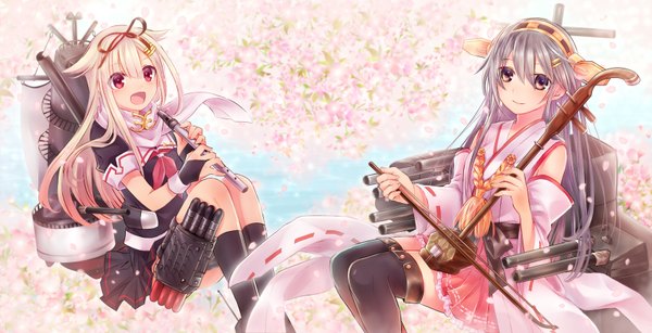 Anime picture 1700x870 with kantai collection haruna battleship yuudachi destroyer neme long hair blush open mouth red eyes wide image sitting multiple girls brown eyes white hair grey hair remodel (kantai collection) girl hair ornament flower (flowers) weapon 2 girls