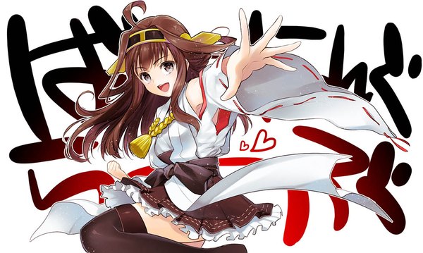 Anime picture 1072x643 with kantai collection kongou battleship kisaragi mizu single long hair fringe brown hair wide image white background looking away ahoge bent knee (knees) traditional clothes japanese clothes black eyes inscription hair bun (hair buns) outstretched arm nontraditional miko girl