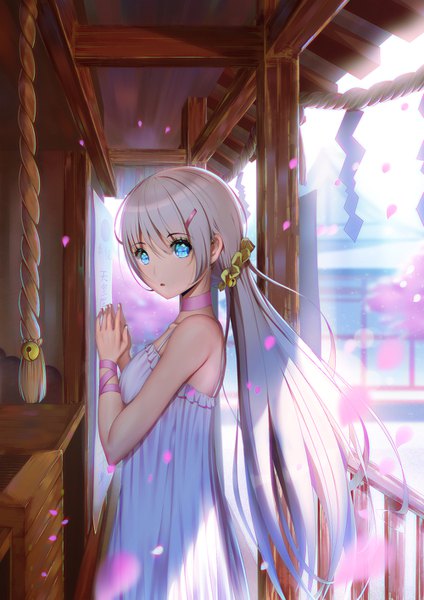 Anime picture 1000x1414 with original kr (sapphire) single long hair tall image looking at viewer blue eyes bare shoulders white hair girl petals sundress