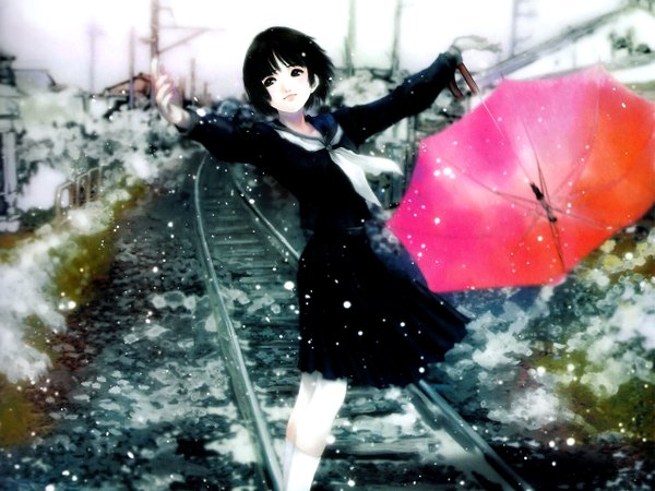Anime picture 1280x960 with haruhiko mikimoto single short hair black hair snowing spread arms winter snow girl umbrella train railways railroad tracks