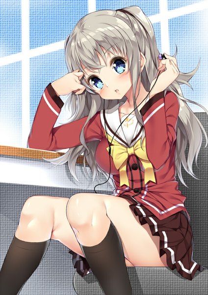 Anime picture 566x800 with charlotte p.a. works tomori nao yappen single long hair tall image looking at viewer blush fringe breasts open mouth blue eyes silver hair bent knee (knees) head tilt pleated skirt two side up zettai ryouiki polka dot