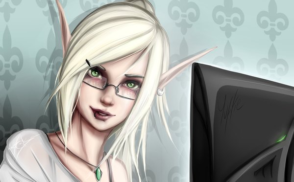 Anime picture 5000x3100 with zackargunov single long hair looking at viewer highres blonde hair wide image green eyes absurdres lips pointy ears piercing elf girl hair ornament earrings glasses hairclip pendant monitor