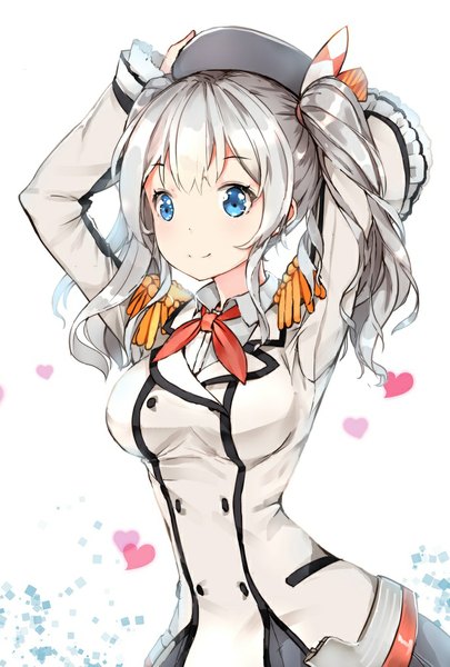 Anime picture 689x1020 with kantai collection kashima training cruiser z shichao single long hair tall image looking at viewer breasts blue eyes simple background smile standing twintails grey hair arms up girl shirt heart white shirt epaulettes