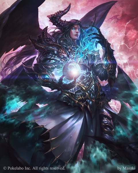 Anime picture 960x1200 with tagme (character) andou (masaki768) long hair tall image blue eyes signed purple hair horn (horns) magic glowing light glowing eye (eyes) black wings fantasy demon wings demon lightning fog multiple wings demon boy