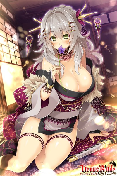 Anime picture 1280x1920 with venus blade hisenkaede single long hair tall image looking at viewer blush breasts light erotic large breasts yellow eyes cleavage silver hair girl dress hair ornament flower (flowers) weapon sword