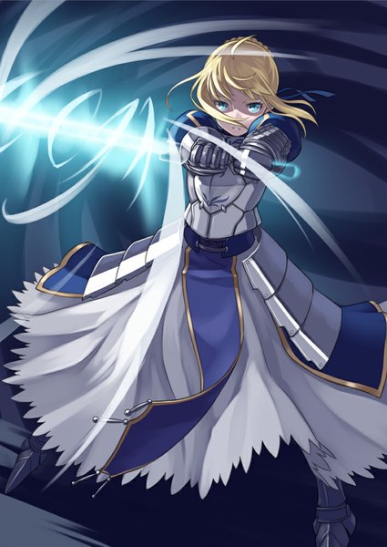 Anime picture 709x1000 with fate (series) fate/stay night studio deen type-moon artoria pendragon (all) saber mofu single long hair tall image looking at viewer blue eyes blonde hair holding ahoge braid (braids) girl dress gloves weapon
