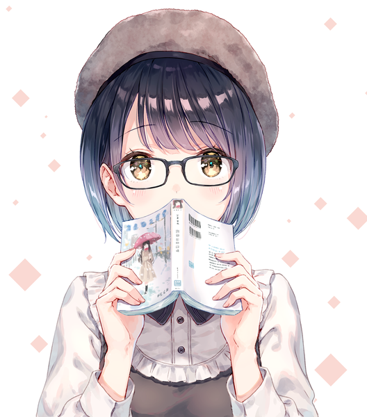 Anime picture 1000x1135 with original yuzuhara yukina hiten (hitenkei) single tall image looking at viewer blush fringe short hair black hair simple background holding brown eyes upper body long sleeves fingernails gradient hair covered mouth girl glasses