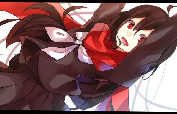 Anime picture 1548x1000 with kagerou project shaft (studio) tateyama ayano nuira single long hair open mouth black hair simple background red eyes white background looking away ahoge arms up letterboxed girl uniform serafuku scarf